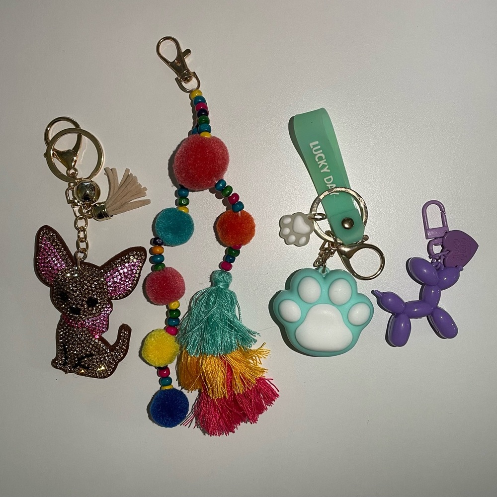 4 Colorful keychain set with dog and paw designs